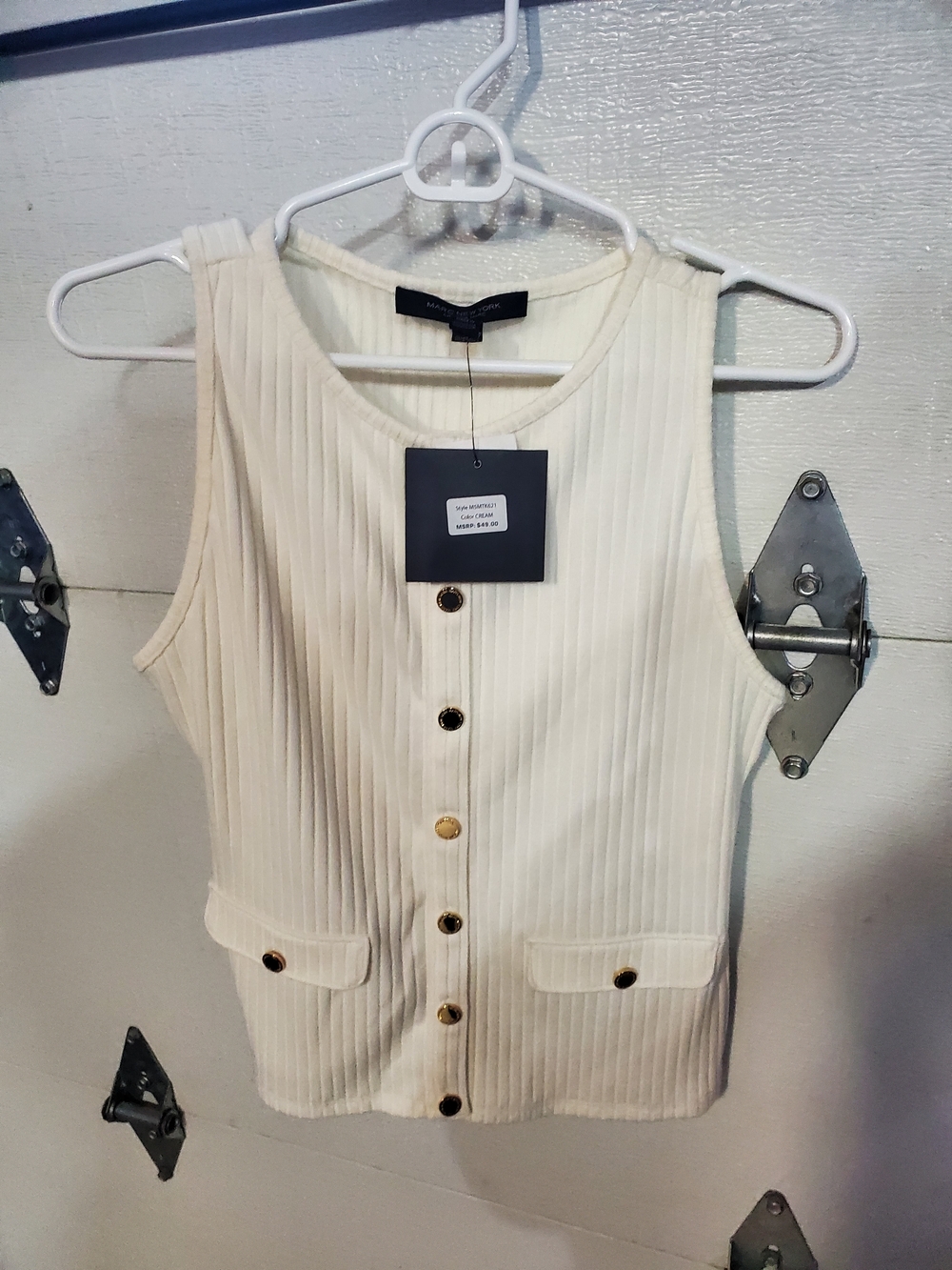 Marc New York Sleeveless Ribbed Button Front Tank - Cream with Gold Buttons